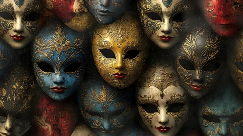 Baroque carnival masks cluster form ornate, watchful wall