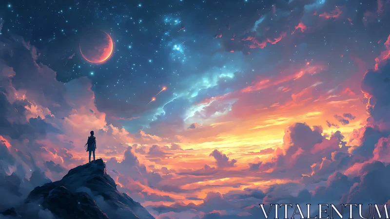 Stargazing dreamer quietly greets a glowing cosmic sunrise