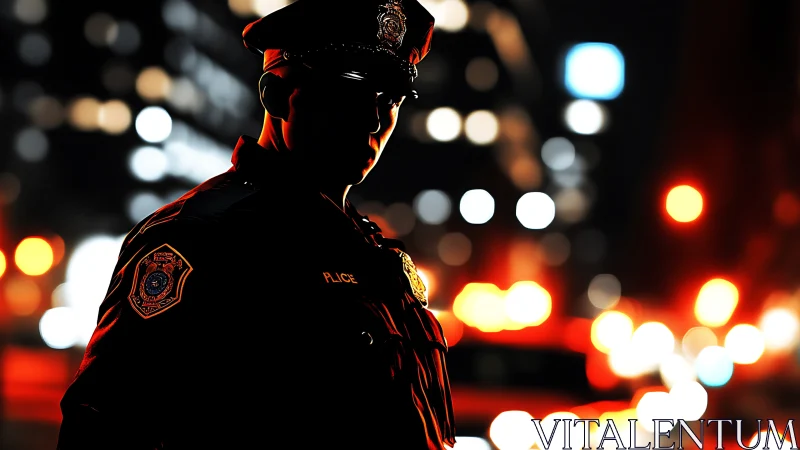 Silhouetted police officer on urban street at night.
