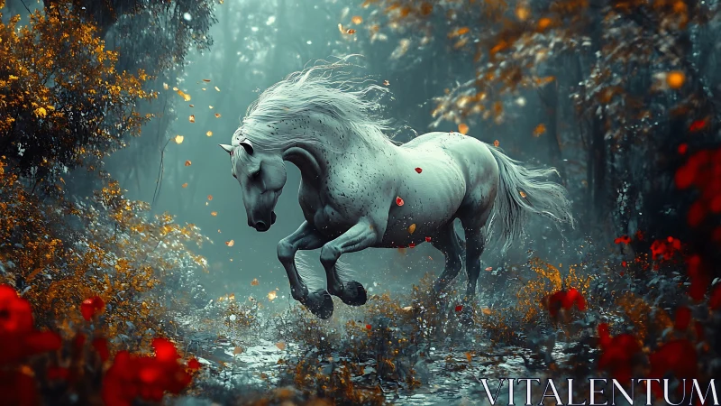 White stallion charges through ethereal forest with drifting petals