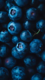 Macro closeup captures ripe blueberries in deep blue tones.