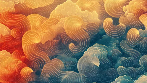 Layered swirling abstract pattern in warm and cool gradients.