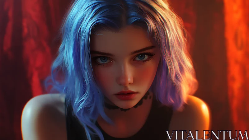 Cinematic portrait of blue‑haired girl in dramatic warm backlight