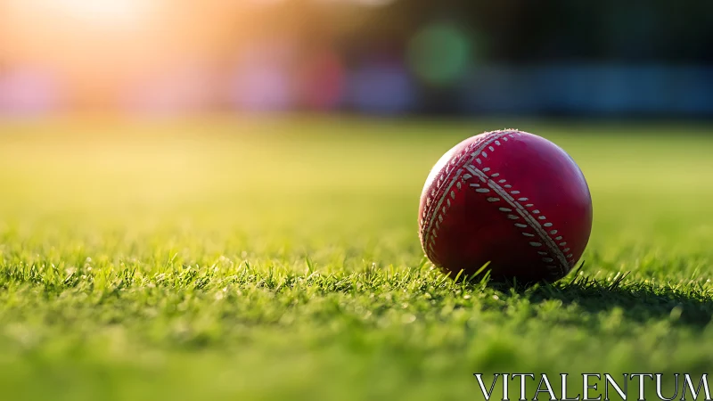 Red cricket ball on sunlit pitch with shallow focus.