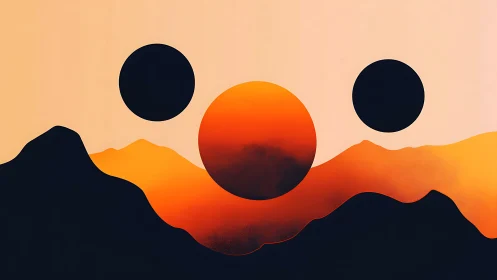 Triple-sun horizon over ember mountains in cosmic dusk.