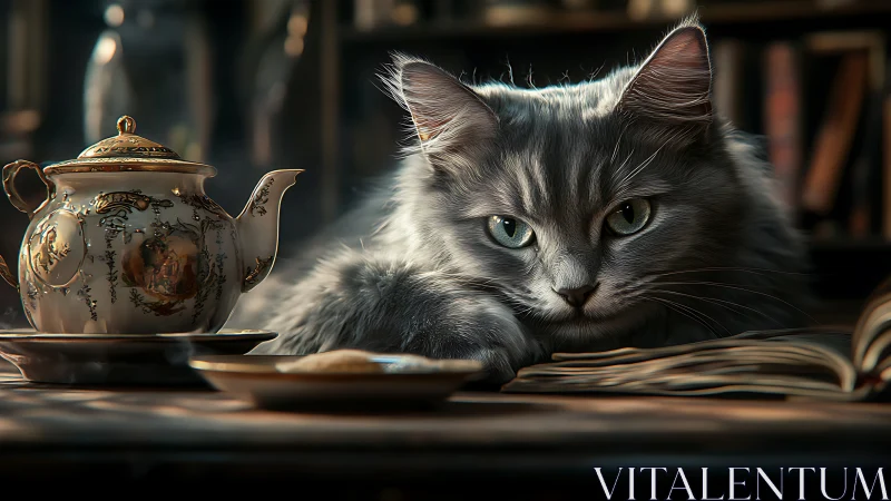 Feline Contemplation Among Antiquities. Elegant Cat and Porcelain Teapot.