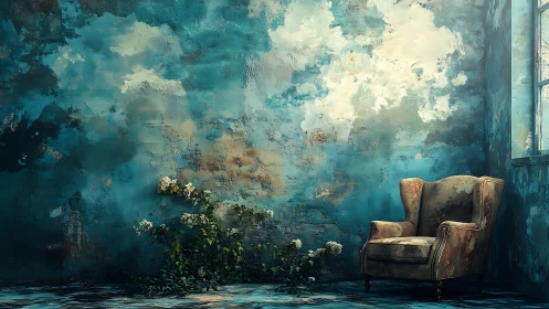 Weathered armchair beside cloudy teal painted wall.