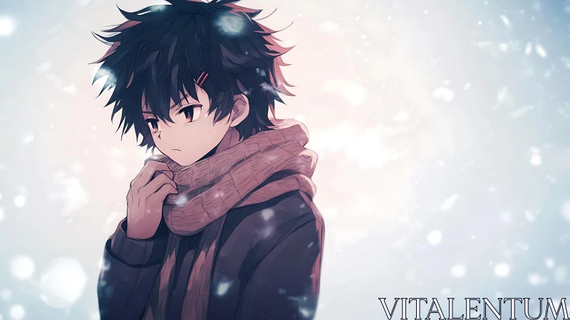 Teen figure in winter clothing stands amid falling snow