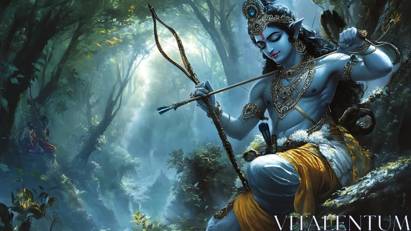 Divine blue figure in jeweled finery within luminous forest.