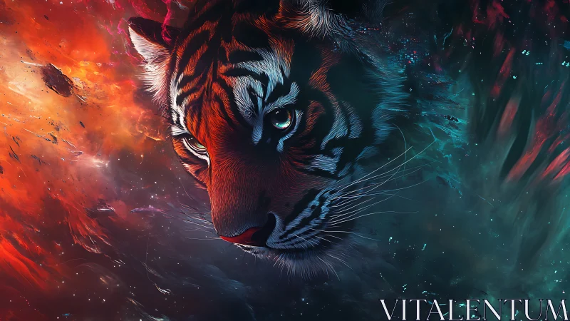 Cosmic tiger head emerges through swirling nebula clouds