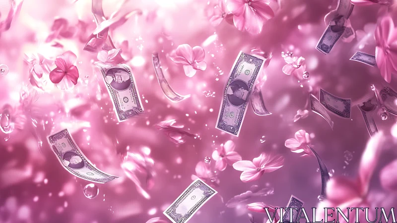 Banknotes waltz through rose-tinted petals in dreamy drift