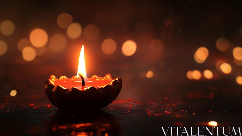Diya flame glows against soft bokeh in low key ambience.