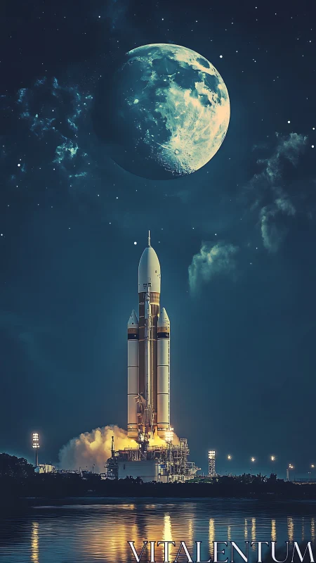 Vertical launch tableau with lunar backdrop in digital painting.
