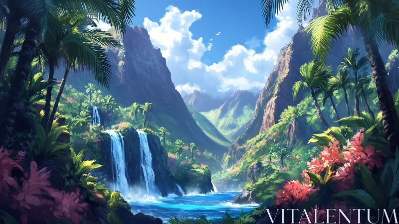 Lush tropical canyon with multi-tiered waterfall under high noon light