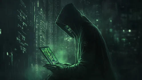 Hooded hacker with laptop in neon green cyber city night.