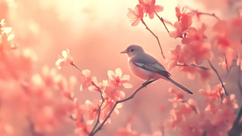 Soft spring light cradles a songbird amid blush blossoms