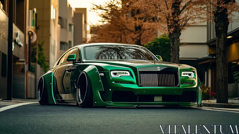 Low-slung green luxury sedan with widebody kit on street.