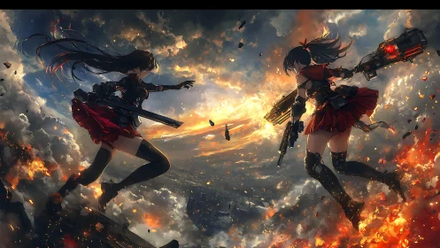 Dual gun heroines clash above burning apocalyptic cityscape.