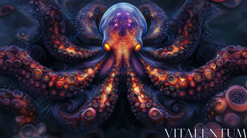 Bioluminescent octopus expands swirling neon fractal tentacles