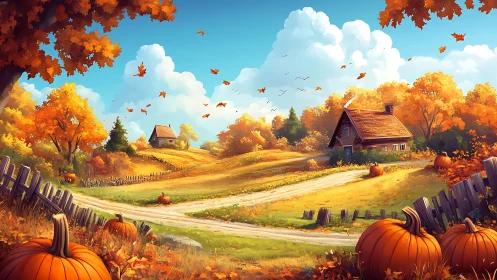 Pumpkins preside over a golden autumn crossroads of farm cottages