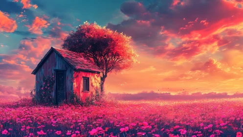 Little cottage dreaming in a glowing pink wildflower sky.