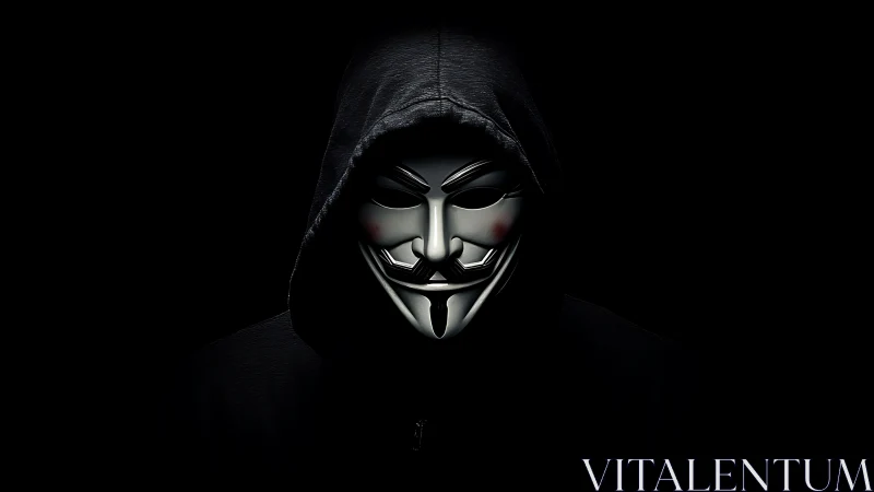 Hooded mask emerges from darkness with eerie digital glow