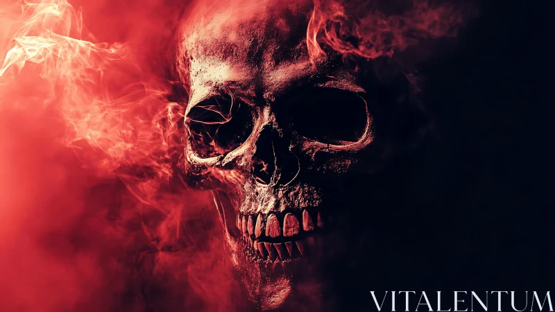 Burning red human skull emerges from smoke in low key lighting
