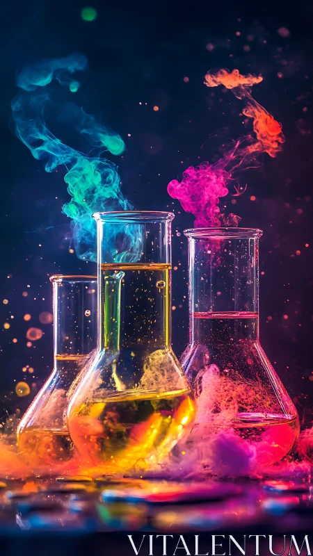Vibrant laboratory glassware with reactive neon chemical vapors