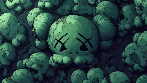 Decaying cartoon skull cluster renders dense macabre field
