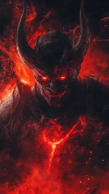 Horned infernal demon rises from searing crimson flames