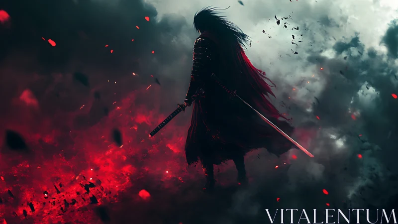 Silhouetted swordsman in red-tinged smoke and debris field.