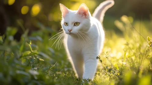 White cat standing in grass with backlit sunlight illuminating fur