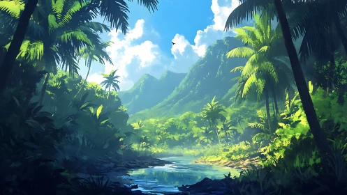 Lush Tropical River Valley with Mountain Vista and Verdant Canopy.