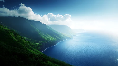 Emerald cliffs lean into a hazy horizon of luminous sea