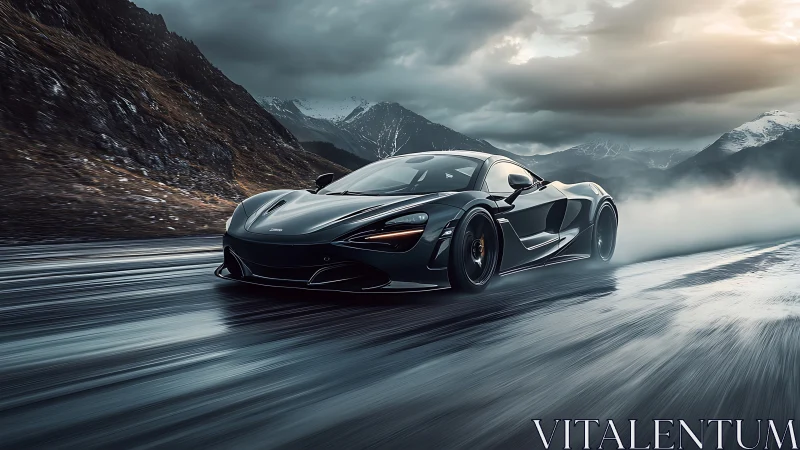 Black supercar travels on wet mountain highway in overcast light