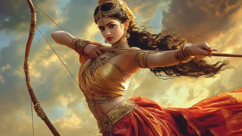 Female archer in ornate attire draws bow against cloudy sky