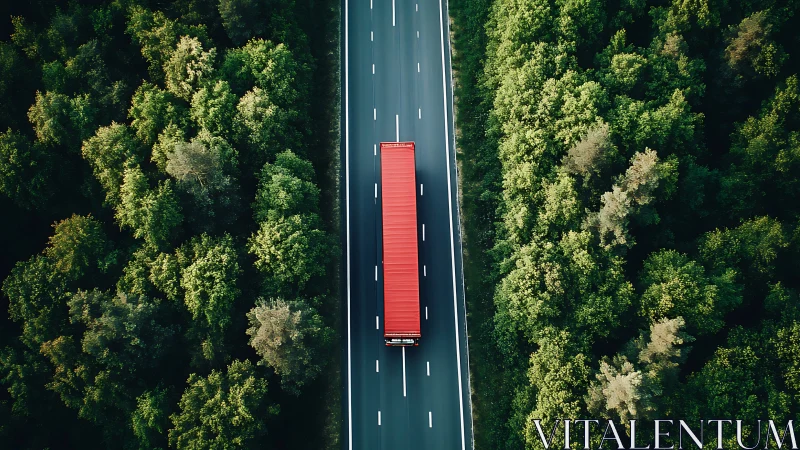 Red freight truck on forest highway in centered aerial symmetry.