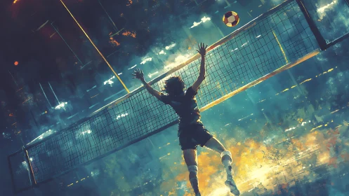 Volleyball player jumping at net under vivid stadium lights.