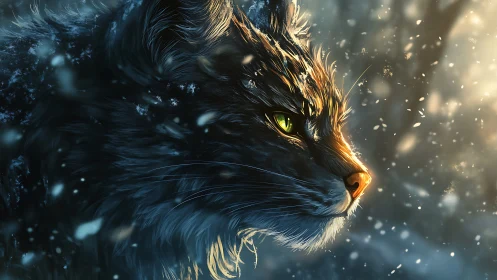 Winter-lit wild cat gazing softly through drifting snowflakes.
