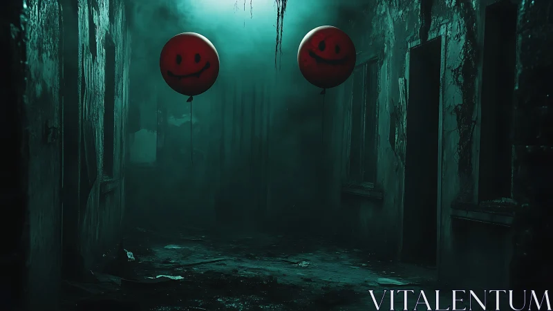Two red smiley balloons float in a dark ruined corridor