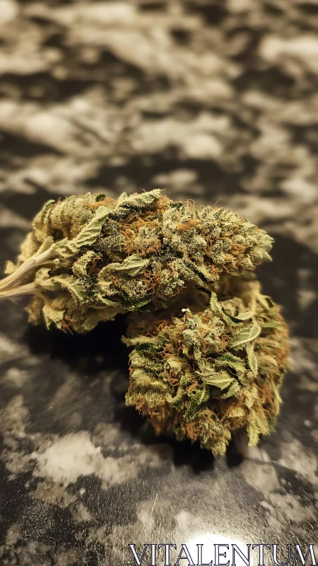 Close-up of cannabis buds on a dark marble surface.