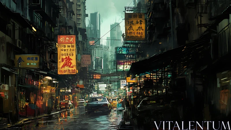 Rain soaked cyberpunk alley with neon city signage.