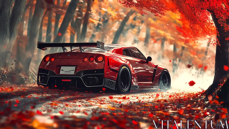 Red sports car drifting through vivid autumn forest road.