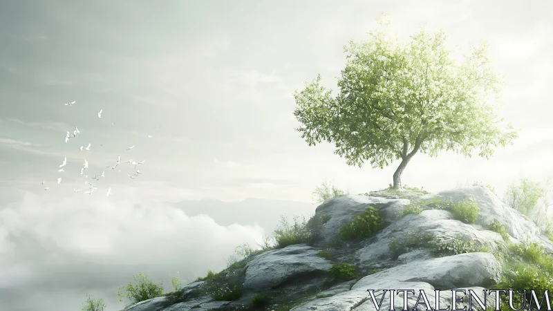 Solitary flowering tree stands on rocky outcrop above clouds