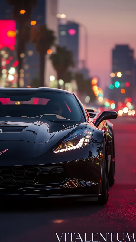 Black sports car cruises neon city street at dusk.