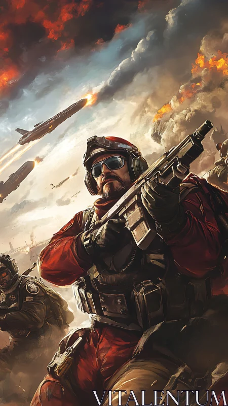 Battle-hardened assault unit under missile storm in fiery skies.