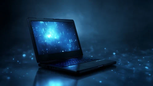 Backlit laptop rendering with volumetric blue data field.