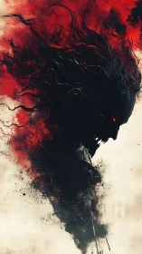 Abstract demonic silhouette dissolves into red and black smoke