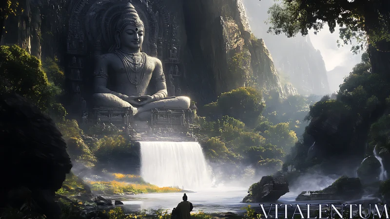 Monumental seated statue carved in cliff above luminous waterfall