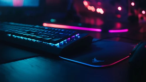 RGB backlit gaming keyboard on dark desktop setup.